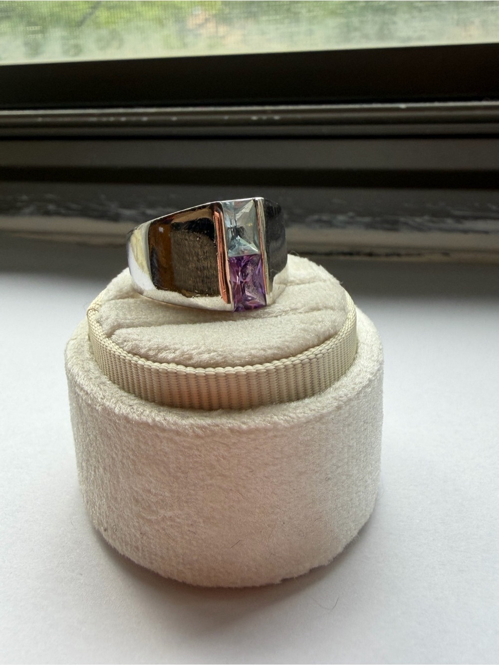 Silver Two-Gem Blue & Purple Ring Size 9 Chunky Modernist Statement Cocktail - Picture 6 of 8